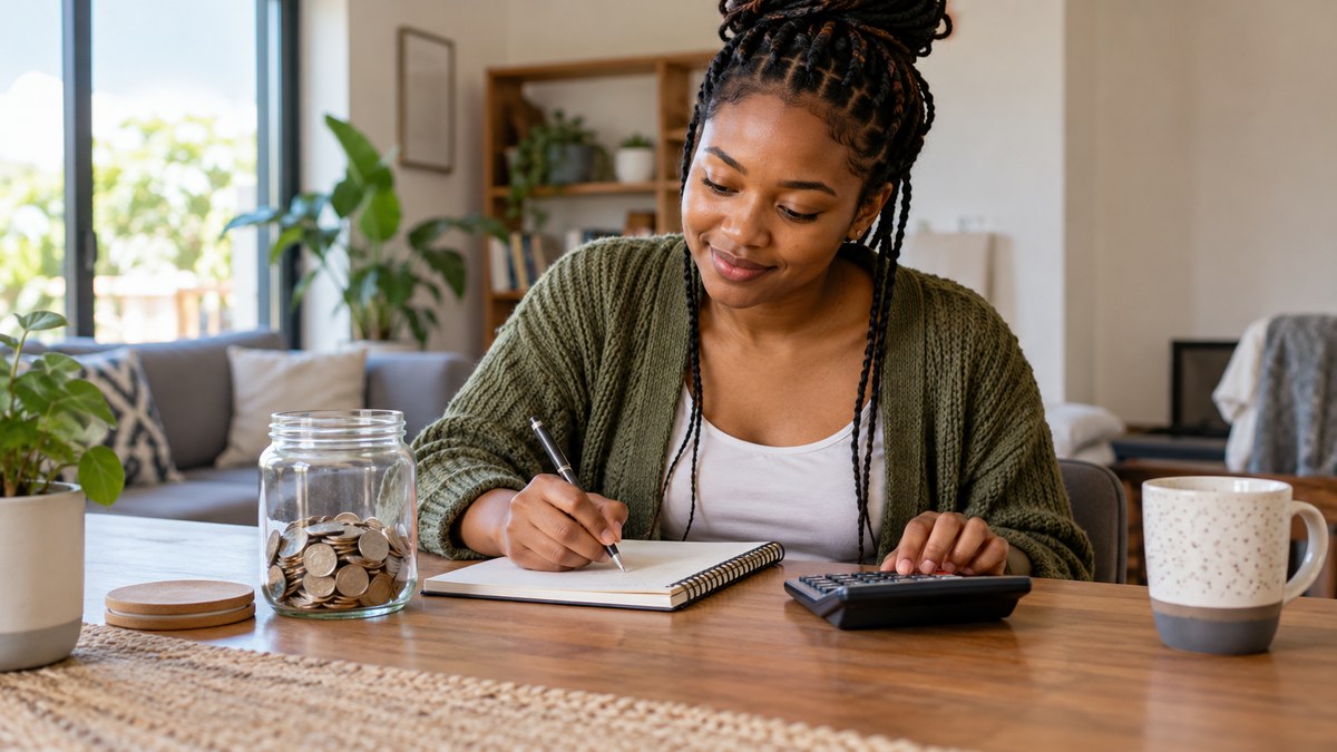 November 2026 sale purchases: compare the discount with the borrowing cost — saving goal Person planning savings with a coin jar and notebook — November 2026 sale purchases: compare the discount with the borrowing cost