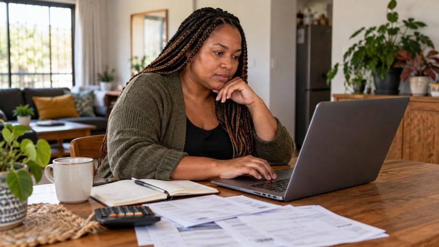 Woman writing on a laptop beside bills and a notebook — Writing a clear repayment-support message