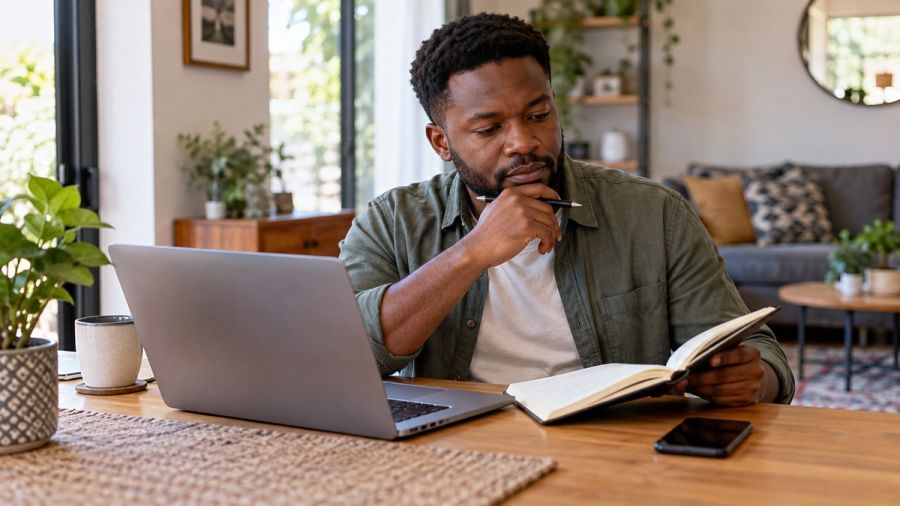 Man checking a budget notebook before an online purchase — November 2026 sale purchases: compare the discount with the borrowing cost