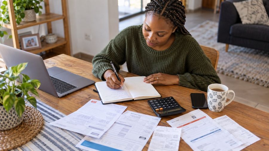 Hands preparing a household budget with bills and a calculator — How a short-term loan changes next month's budget