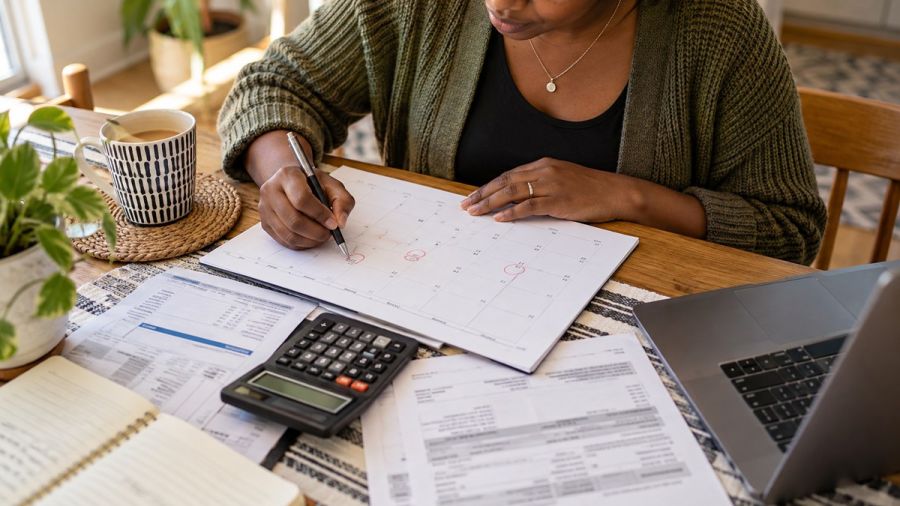 ידיים מתכננות מועדי תשלום עם לוח שנה, חשבונות ומחשבון — בקשת הארכה: מה לשאול?