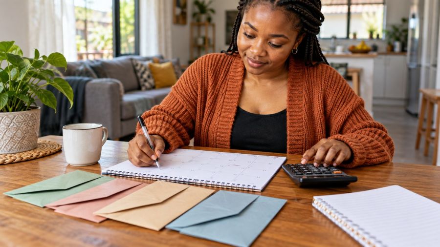 Woman planning weekly expenses with a calendar and envelopes — Applying with a recently changed payday